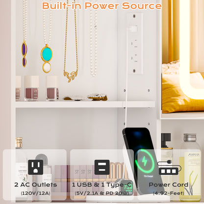 Large 47.2" Makeup Vanity with 3 Color Lights, Vanity Desk with USB Charging Station, Vanity Makeup Table with Visible Drawers, Hidden and Open Storage Shelves, White