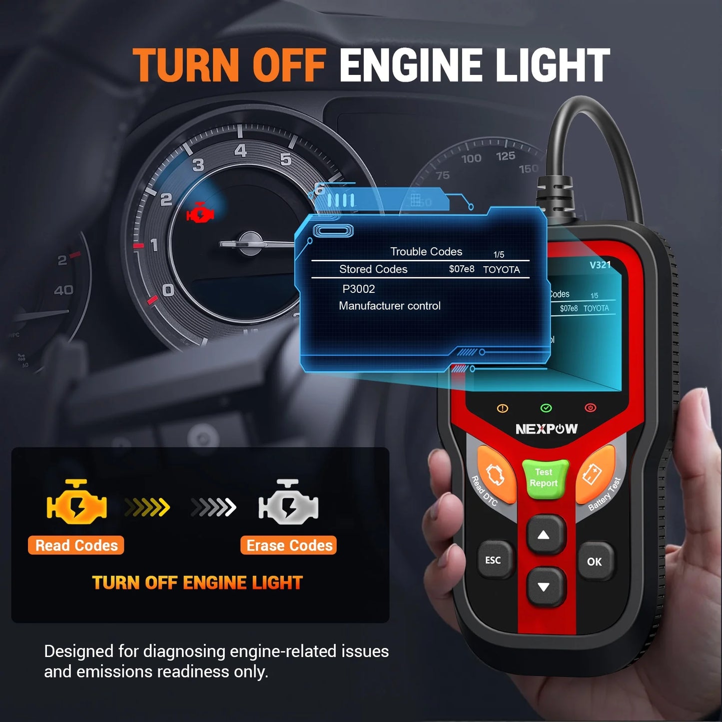OBD2 Scanner, Car Code Reader with Battery Tester, Diagnostic Tool for Check Engine Light, OBDII Scanner for All Vehicles since 1996