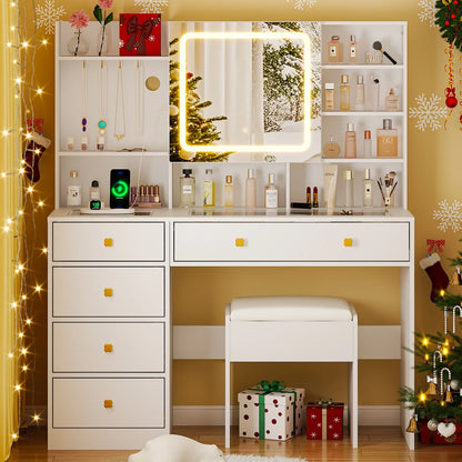 Large 47.2" Makeup Vanity with 3 Color Lights, Vanity Desk with USB Charging Station, Vanity Makeup Table with Visible Drawers, Hidden and Open Storage Shelves, White
