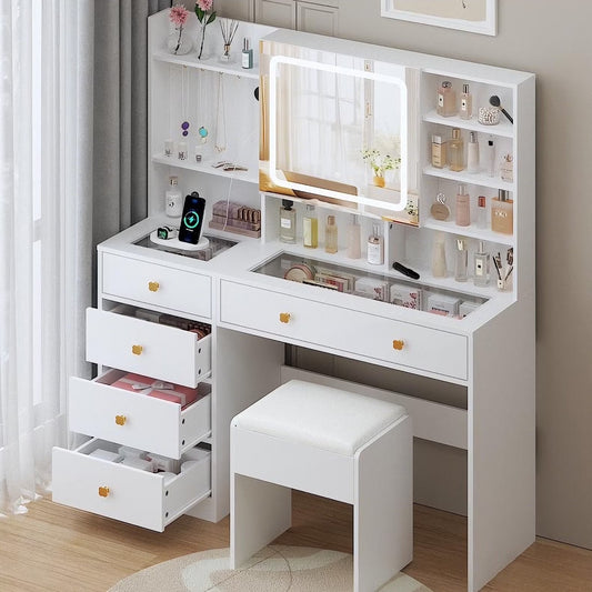 Large 47.2" Makeup Vanity with 3 Color Lights, Vanity Desk with USB Charging Station, Vanity Makeup Table with Visible Drawers, Hidden and Open Storage Shelves, White