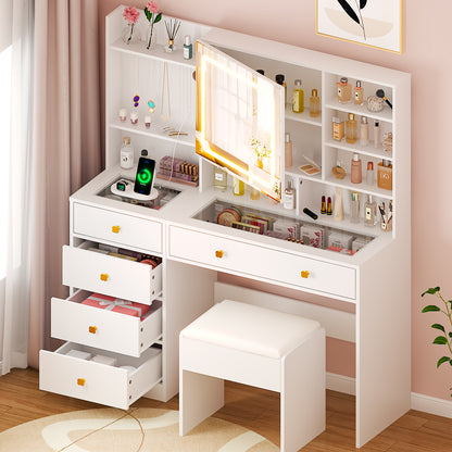 Large 47.2" Makeup Vanity with 3 Color Lights, Vanity Desk with USB Charging Station, Vanity Makeup Table with Visible Drawers, Hidden and Open Storage Shelves, White
