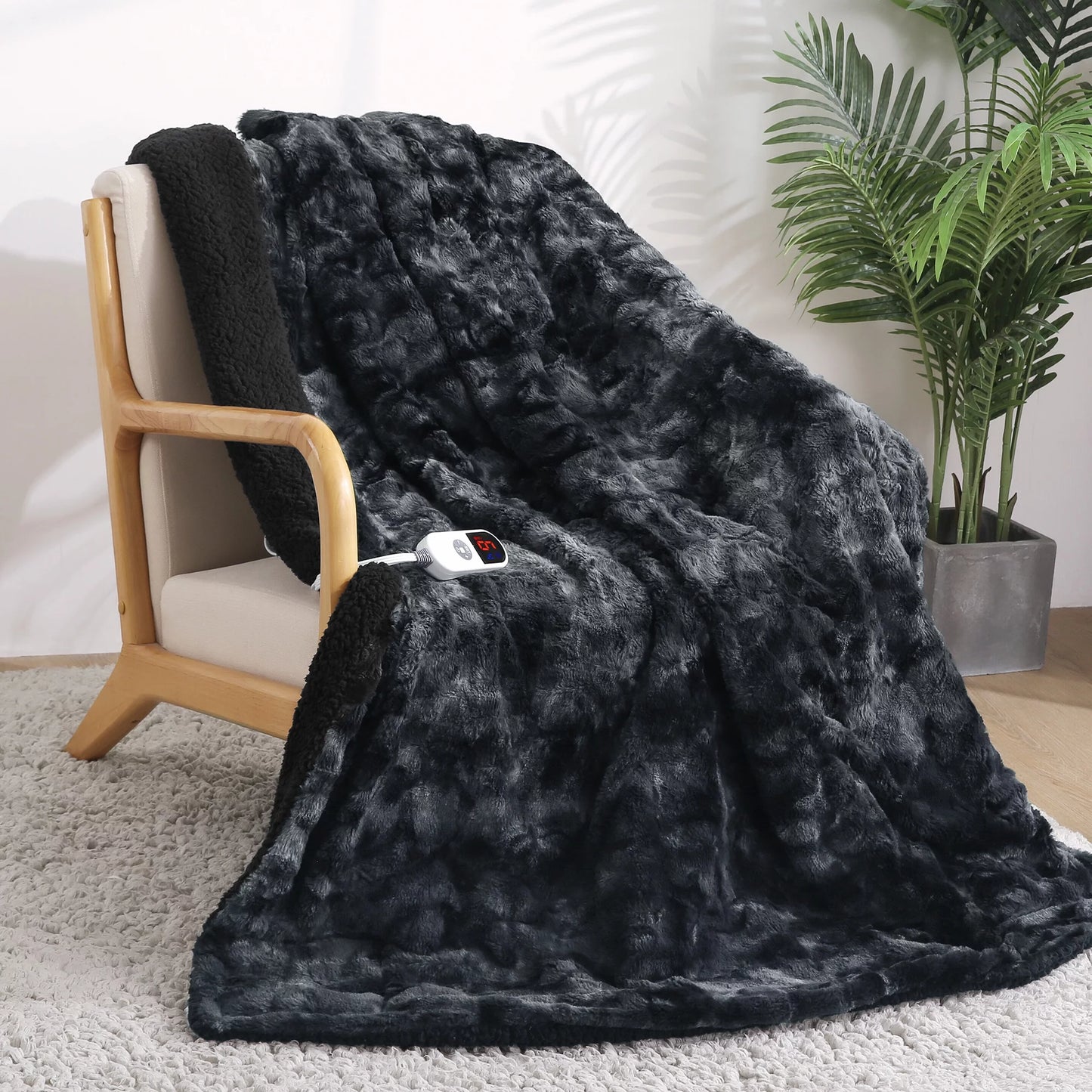 Heated Blanket Electric Throw 50" X 60", Soft Faux Fur & Shu Velvet Heated Throw Blanket, 6 Heating Levels, 4 Hours Timer, Tie-Dye off Black
