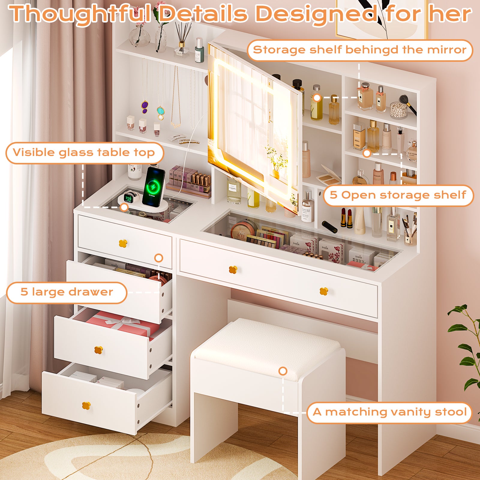 Large 47.2" Makeup Vanity with 3 Color Lights, Vanity Desk with USB Charging Station, Vanity Makeup Table with Visible Drawers, Hidden and Open Storage Shelves, White