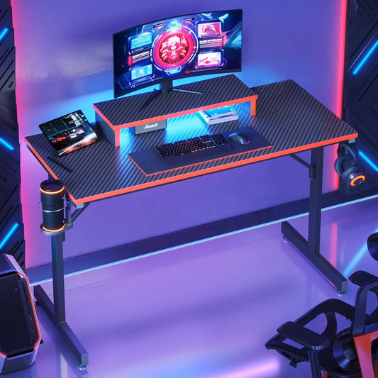 42" Gaming Desk PC Computer Office Gamer Table Desk with LED Lights & Monitor Stand in Red