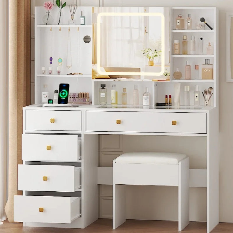 Large 47.2" Makeup Vanity with 3 Color Lights, Vanity Desk with USB Charging Station, Vanity Makeup Table with Visible Drawers, Hidden and Open Storage Shelves, White