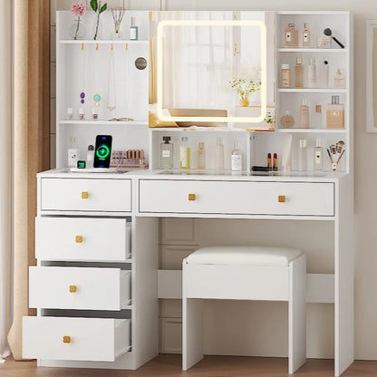 Large 47.2" Makeup Vanity with 3 Color Lights, Vanity Desk with USB Charging Station, Vanity Makeup Table with Visible Drawers, Hidden and Open Storage Shelves, White