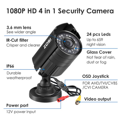1080P HD TVI Security Camera,  4 in 1 Wired Security Camera for Home Office CCTV System Outdoor Bullet Camera with Night Vision